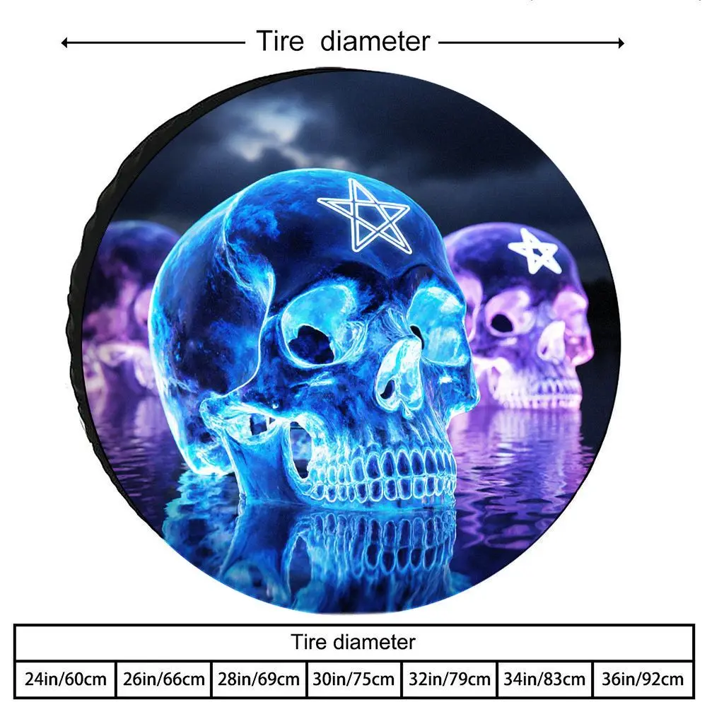 Glow Skull Pattern Polyester Tire Cover | Waterproof Reflective Water Ripples, Dark Storm Sky Background, Blue-Purple Skull Comb