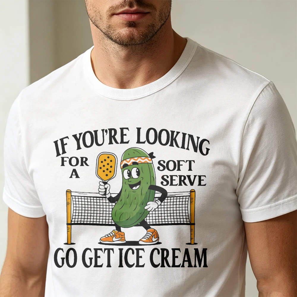 Soft Serve Go Get Ice Cream Pickleball Graphic Tee Funny Pickle Cartoon Print Men Short Sleeve T Shirt Sport Lover Clothes