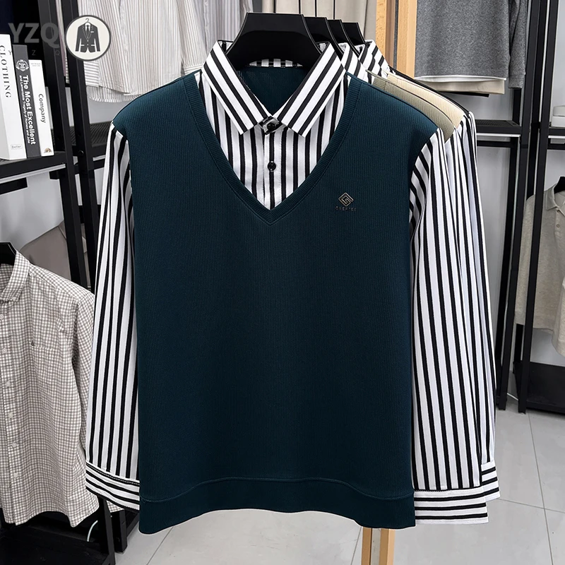 Men Casual Fake Two Piece Long Sleeve Top Striped Shirt Sweater Vest Combo For Men