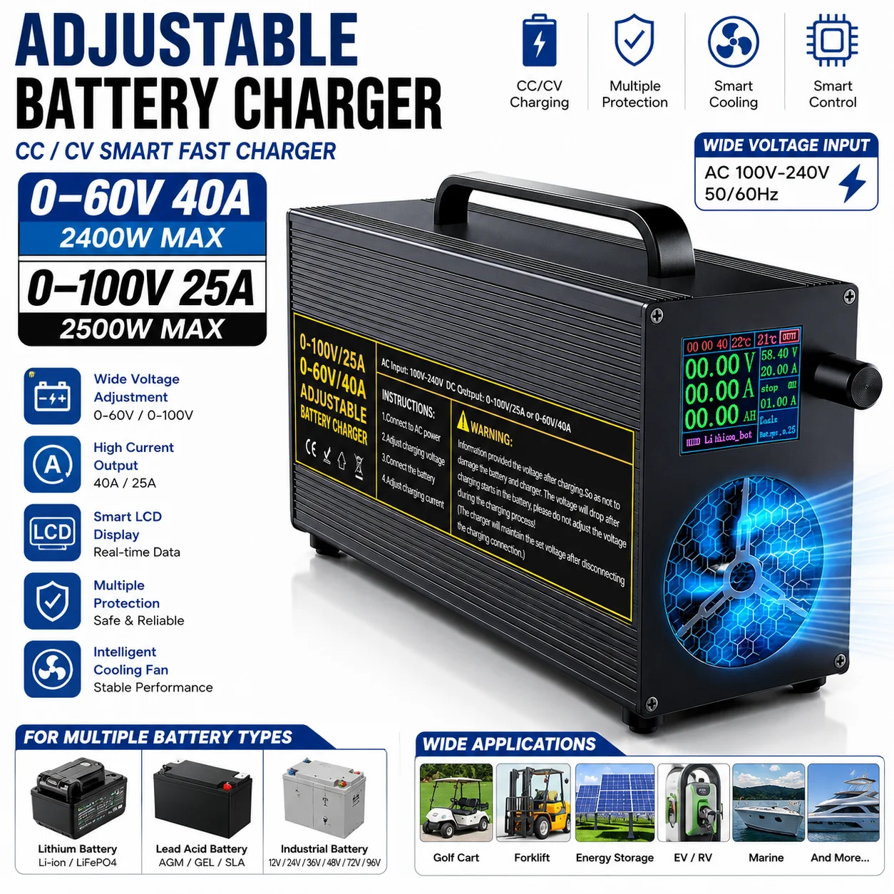 Regulowana ładowarka DC 0-60V 40A / 0-100V 20A Inteligentna szybka ładowarka CC CV do akumulatorów litowych LiFePO4