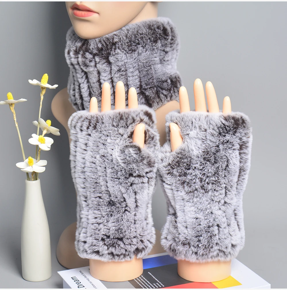 One Set Women Real Rex Rabbit Fur Cuff+Headband Winter Warmer Hat Arm Wrist Sleeve Gloves Female Real Fur Cap+Elastic Wristband