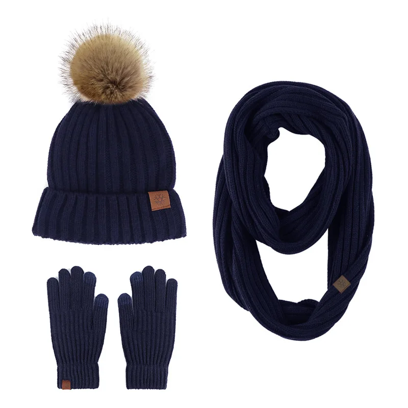 

New Women's Luxury Cute Sweet Winter Woolen Ball Knitted Outdoor Warm and Cold Proof Hat, Neck Glove 3-Piece Set Scarves