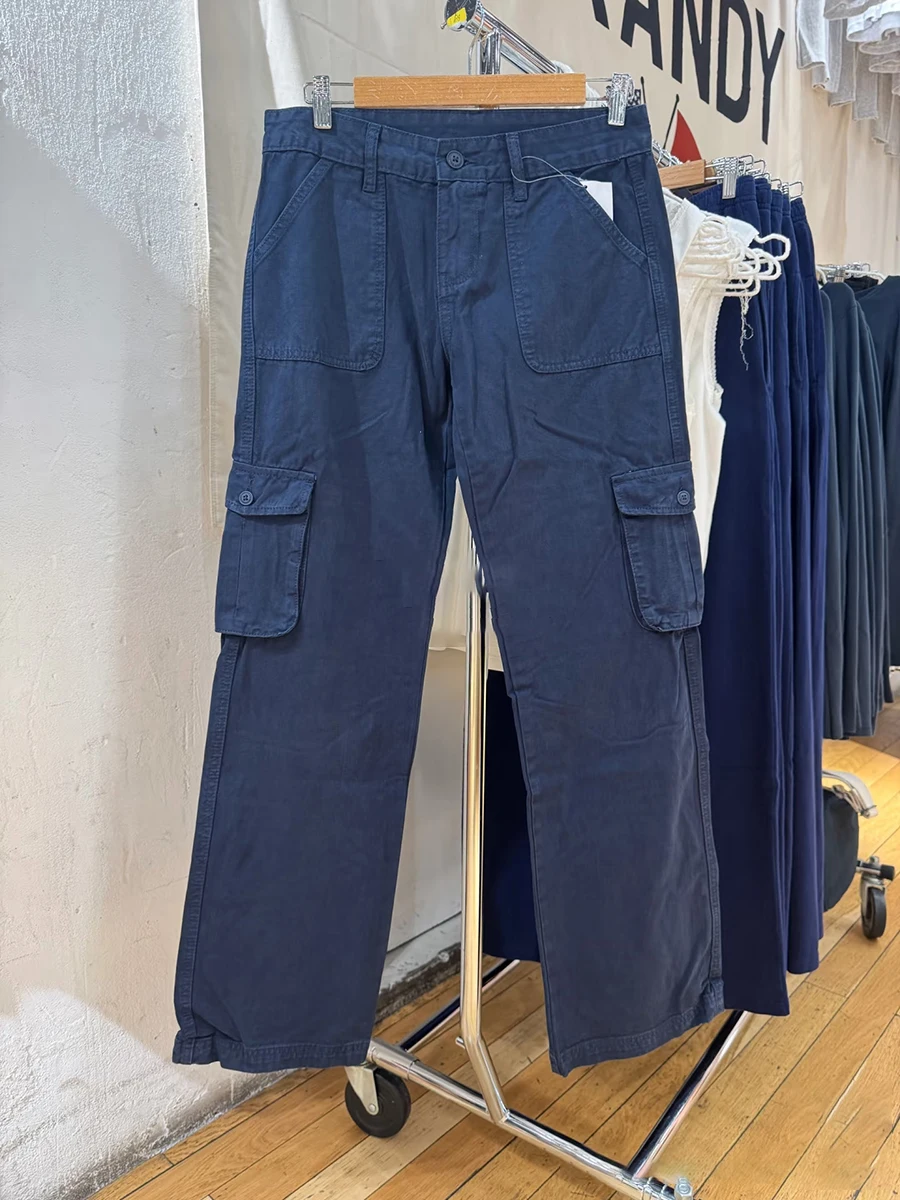 Tasche Pantaloni cargo vintage blu scuro Pantaloni lunghi dritti in cotone a vita alta estivi da donna Pantaloni casual streetwear nuovi solidi