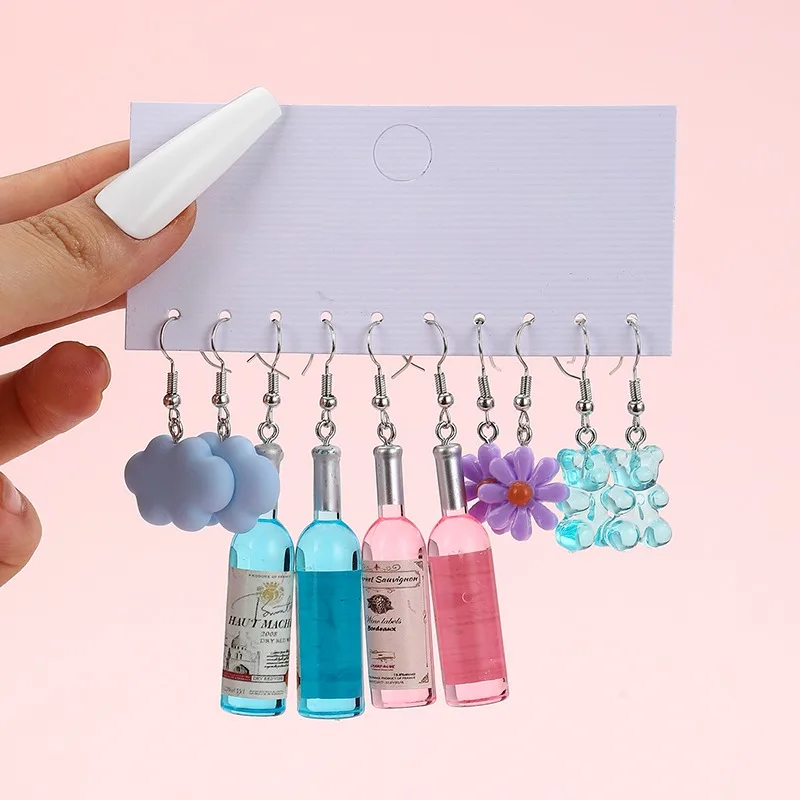 New Fashionable Earrings with Fresh and Sweet Resin Simulation Flowers, Star Shaped Lollipops, Wine Bottle Earrings Set