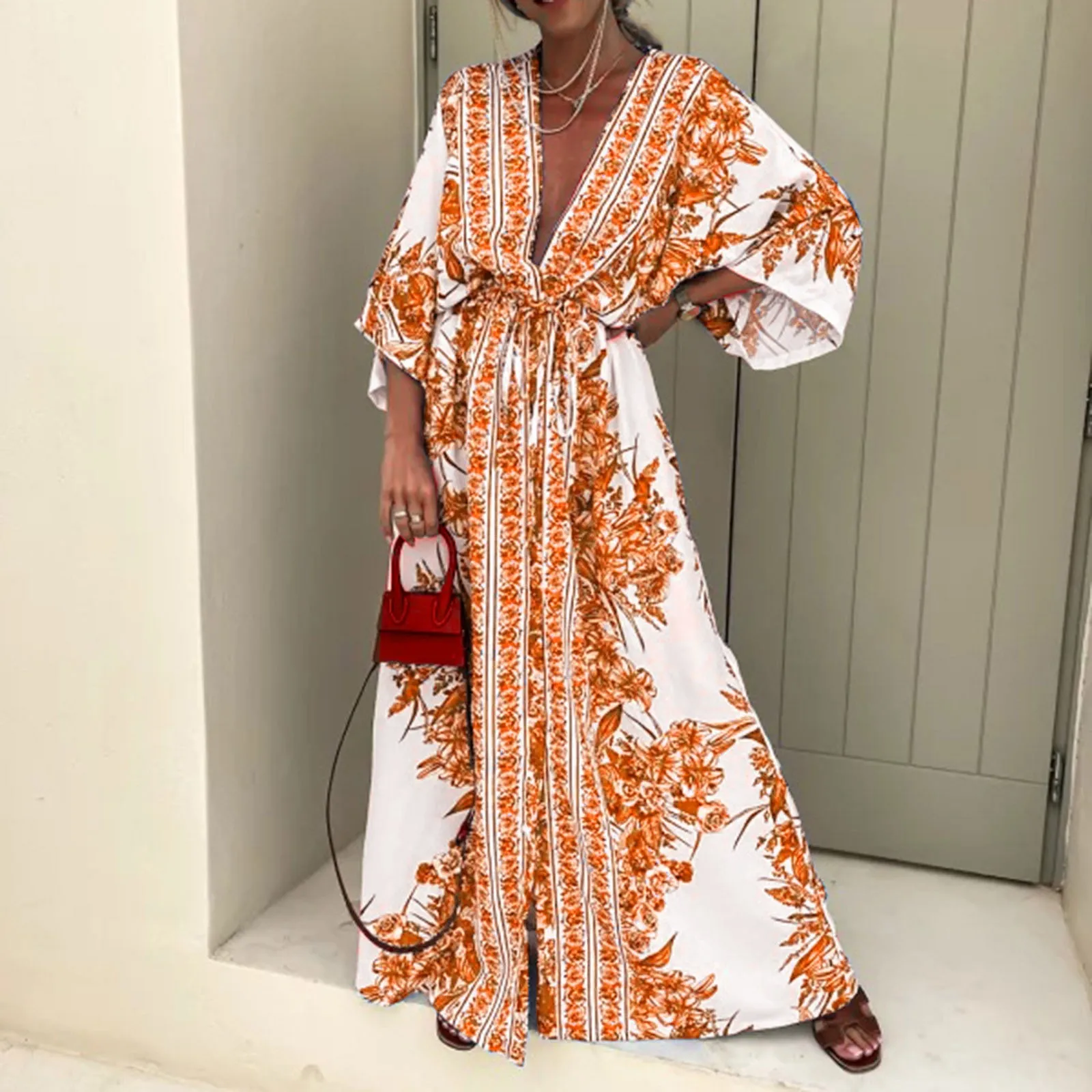 

Elegant Bohemian Single Breasted Long Sleeve Maxi Dress Women Fashion Deep V Loose Dresses Lady Vintage Vacation Dresses Robes