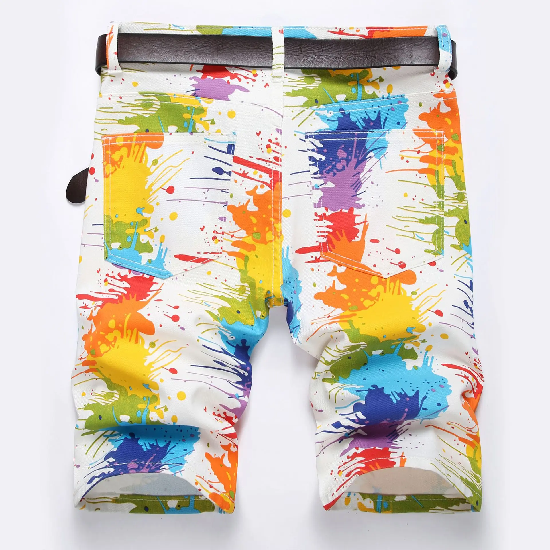26 new Denim Shorts With Ink Splatter Style Elastic Five Quarter Pants Men Women Youthful Energetic Casual