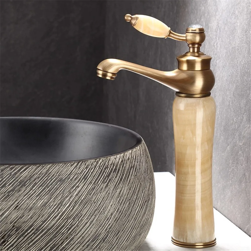 

Antique Bathroom Faucet Brass and Jade Basin Faucet Hot & Cold Bathroom Sink Faucet Deck Mounted Lavotory Faucet Waterfall Tap