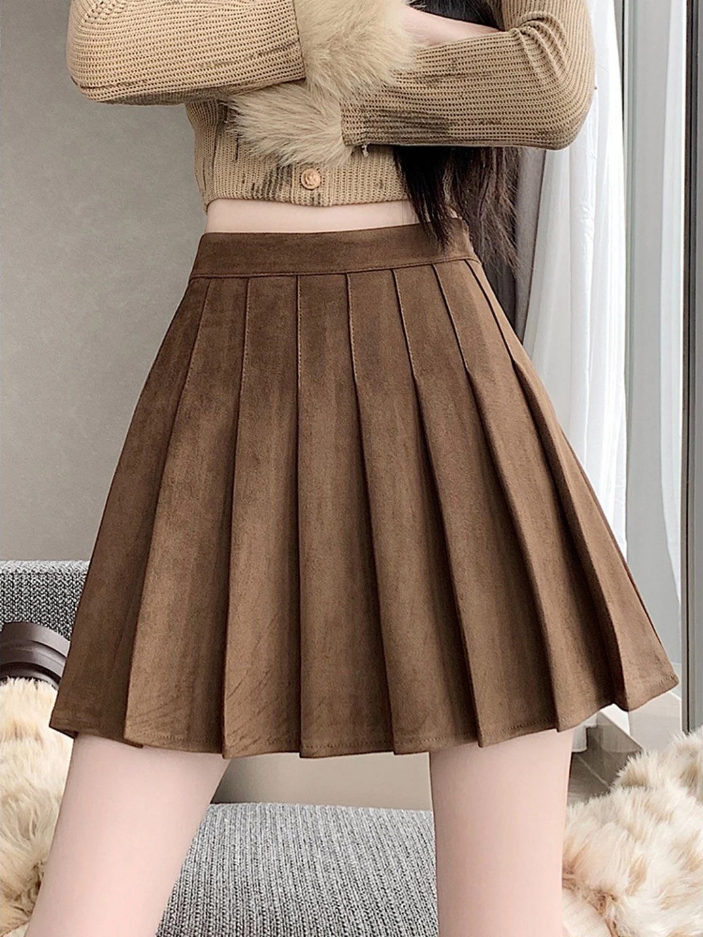 High Waist American Deer Skin Velvet Half Skirt Women's Autumn New Design A-Line Pleated Short Skirt Anti-Light Walking