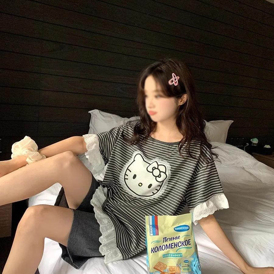 

Женская ночная рубашка Sanrio Hello Kitty, летняя ночная рубашка, шорты, пижама с короткими рукавами, пижама с героями мультфильмов Kawaii, рубашки для сна, домашняя одежда, новый стиль