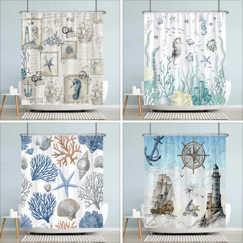 Ocean Starfish Shower Curtain Underwater Seahorse Coral Sea Turtle Shell Nautical Theme polyester Shower Curtains Bathroom Decor