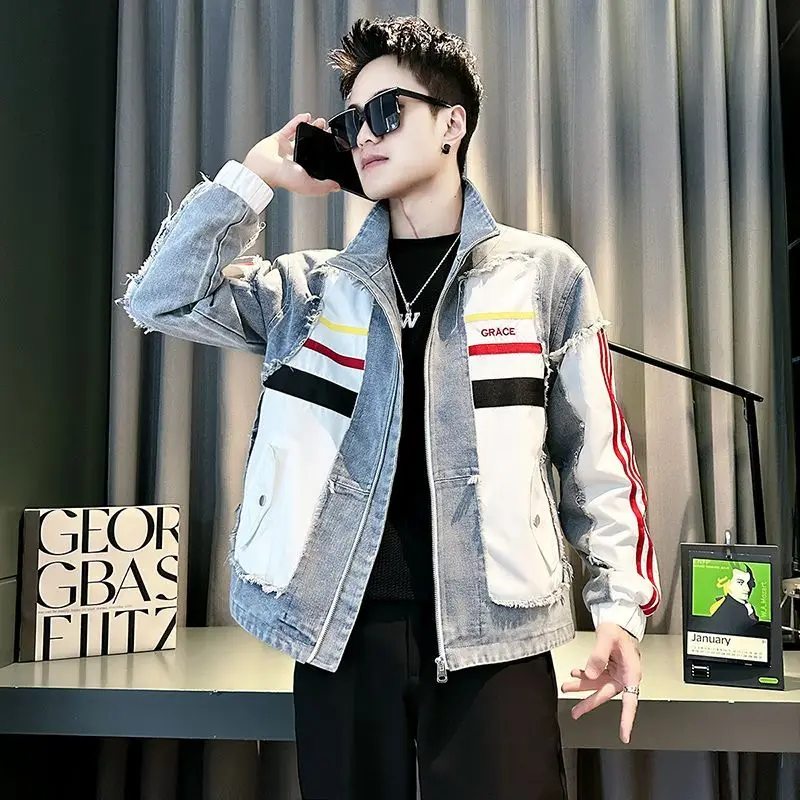 

2025 autumn loose splicing striped men's denim stand-up collar new fashion trendy brand fashion casual