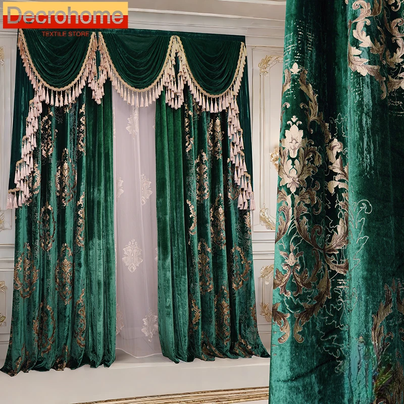 

Dark Green High-end Customized Real Velvet Embroidered Window Curtains for Living Room Bedroom French Window Balcony Villa