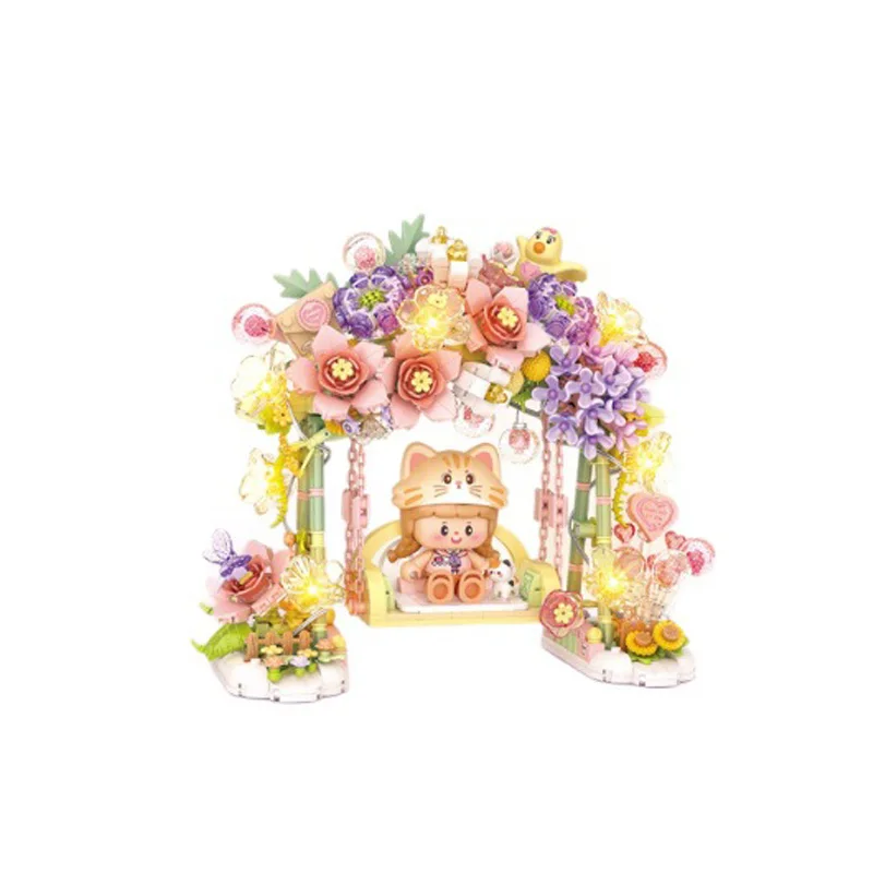 

Idea Architecture Cartoon Figures Mini Block Flower Swing Building Brick Construction Kits Toys With Light For Girls Gifts