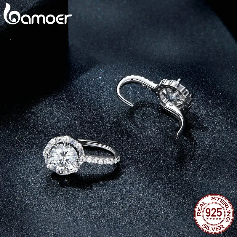 Bamoer 1CT D Color VVS1 EX Moissanite Hoop Earring S925 Sterling Silver Cut Round Diamond Piercing Ear Buckle for Women Girl