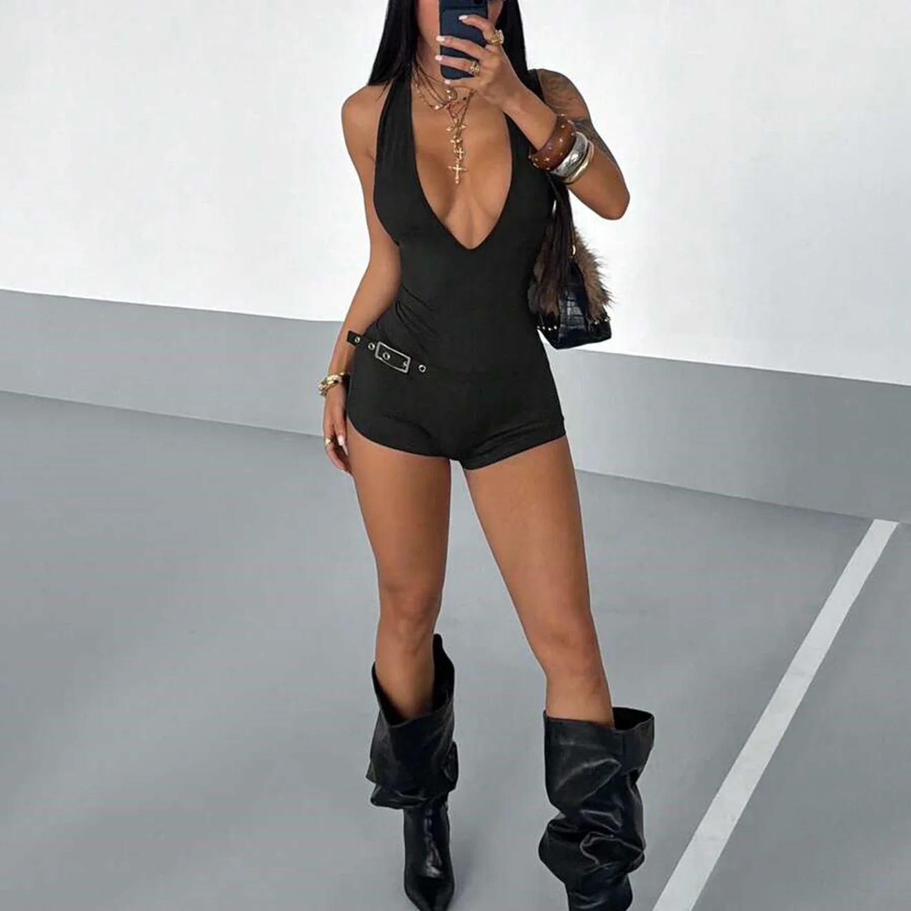 Women's Sexy Deep Plunge Halter Jumpsuit Slim Fit Ruched Short Rompers with Detachable Silver Buckle Belt Bodycon for Club Party
