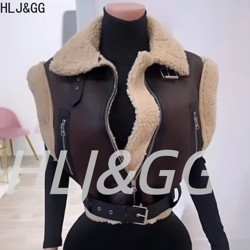 

HLJ&GG Fashion Splicing Fur Vest Jacket Two Piece Sets Women Zipper Sleeveless Tank Top + One Piece Jumpsuits Outfits Streetwear
