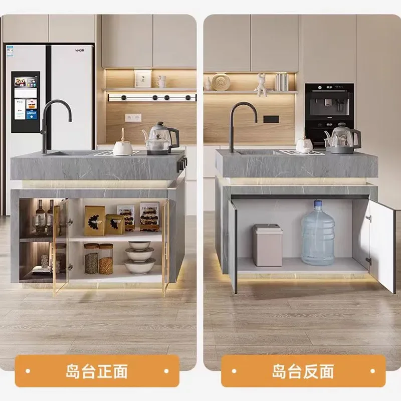 Rock Slab Island Dining Table with Retractable Tea Bar Induction Cooker and Sink Corner Cutting Open Kitchen Customized
