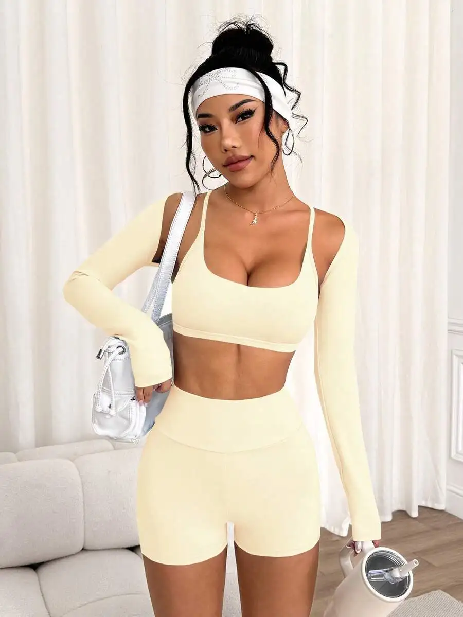

Women 3 Piece Athletic Set: Long Sleeve Cropped Top, Spaghetti Strap Sports Bra, High Waist Shorts