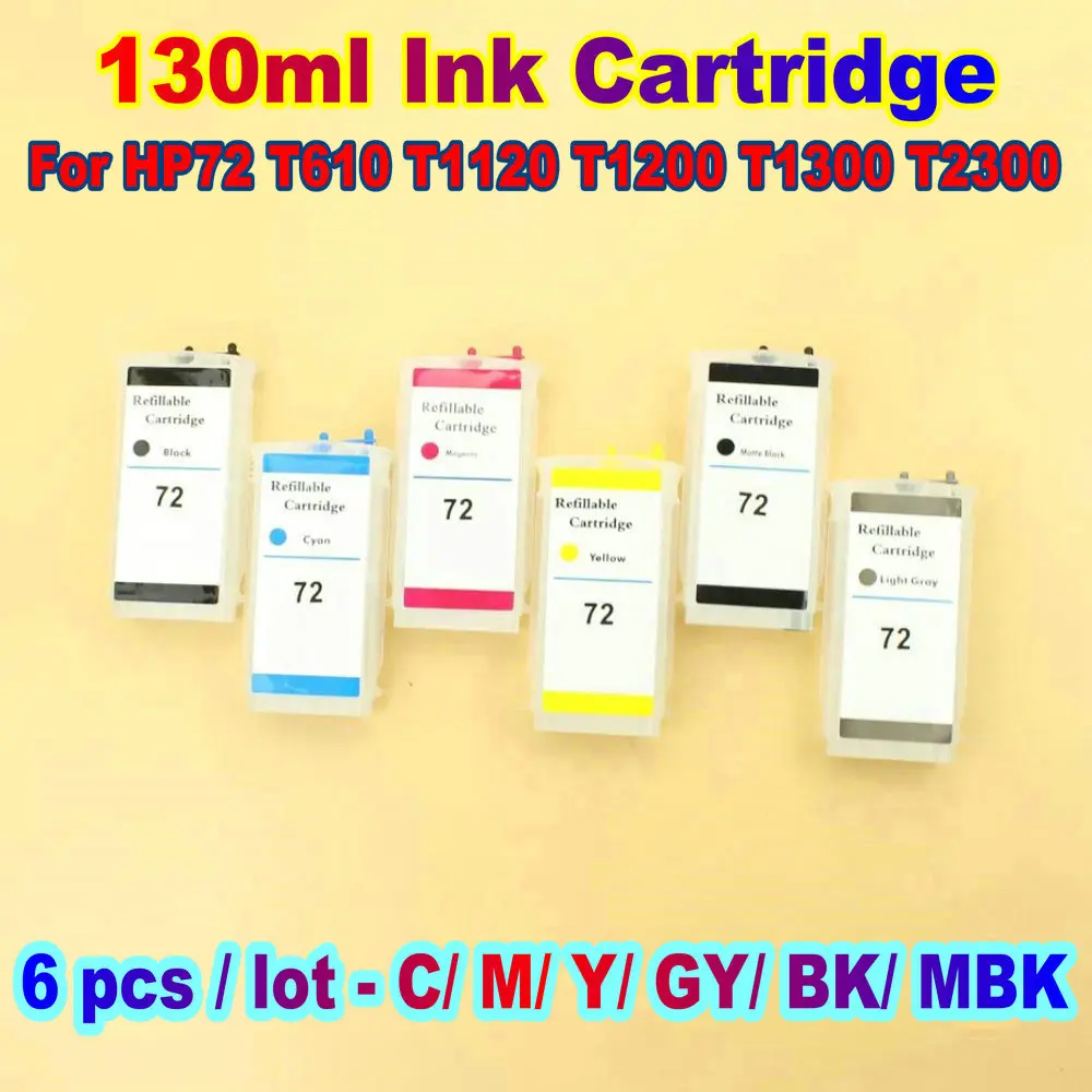 For HP 72 Ciss Refillable Ink Cartridge HP72 With Auto Reset Permanen Chip for HP Designjet HP72 T1100 T1300 T2300 T1120 130ML