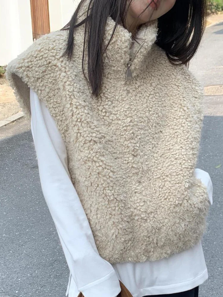 Streetwear Y2K Faux Lamb Vest Women Vintage Stand Collar Warm Vest Winter Casual Female Zipper American Harajuku Retro Tops Vest
