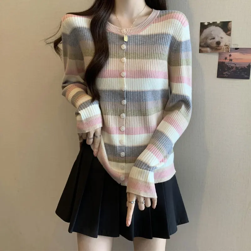 

Female Clothing Striped Loose T-shirt Casual Basic O-Neck Spring Autumn Contrasting Colors Fashion Button Long Sleeve Pullovers