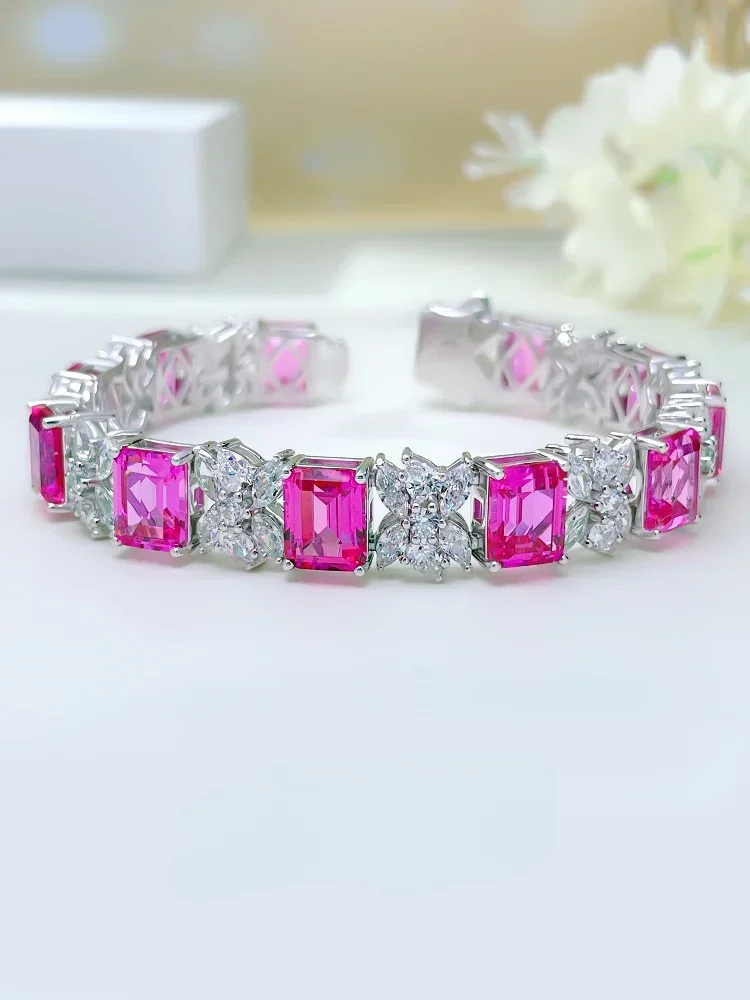 

Fashion Retro Light Luxury Rose Red 925 Silver Simple Bracelet High Carbon Diamond Korean Edition Wedding Jewelry