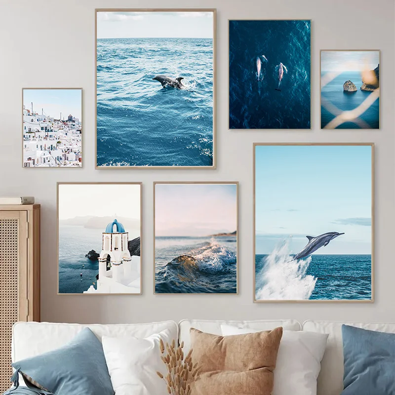 Blue Deep Sea Whale Leap Posters Coast Reef Lighthouse Castle Canvas Painting Nordic Modern Living Room Wall Art Decor Pictures