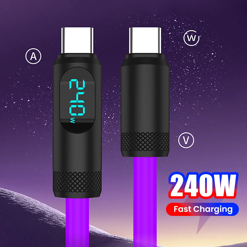 

Кабель USB-C 240 Вт, 1,5 м, Type-C - Type-C, быстрая зарядка, с цифровым дисплеем, силиконовый, для iPhone 15-17, смартфонов, планшетов, ноутбуков