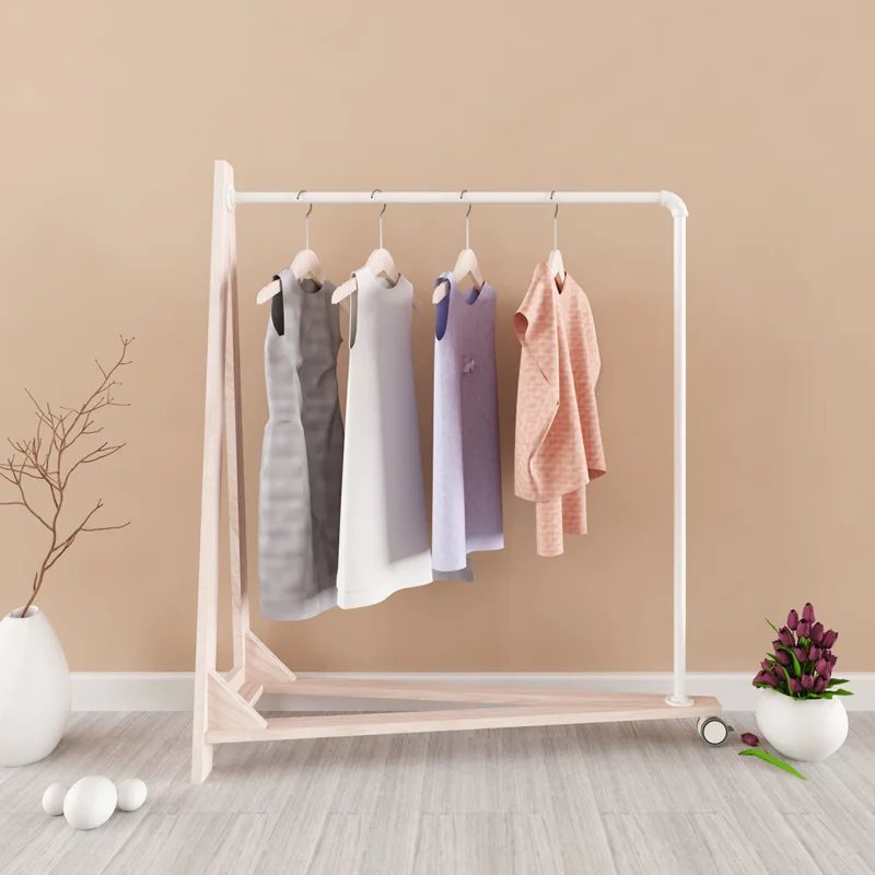High-end clothing store display hanger Solid wood iron pipe A-shaped unilateral floor roller Home hotel shopping mall display