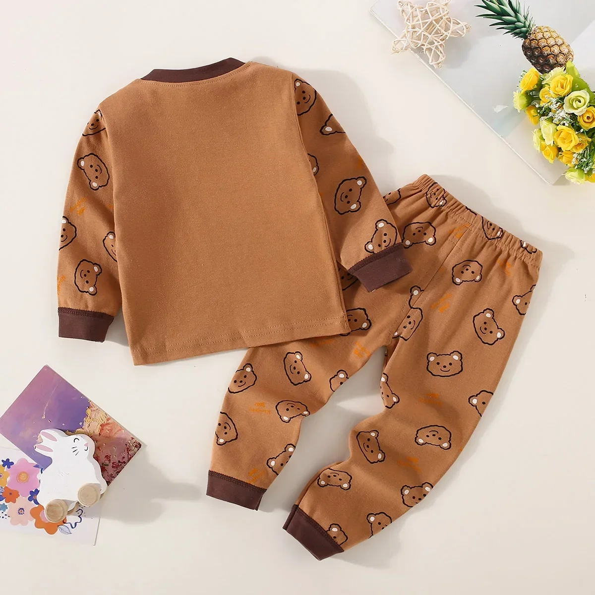 Baumwoll-Unterwäsche-Set für Kleinkinder Jungen mit Bären-Schriftmuster, Langarm-Oberteil und Hose, Schlafanzug-Set für Kinder – Detail 10