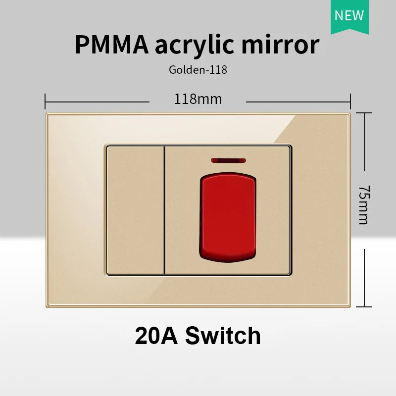 118 EU UK 20A  High Power Wall Switch Socket Tempered Glass Panel ON OFF Rocker Switch for Water Heater Light Air Conditioner