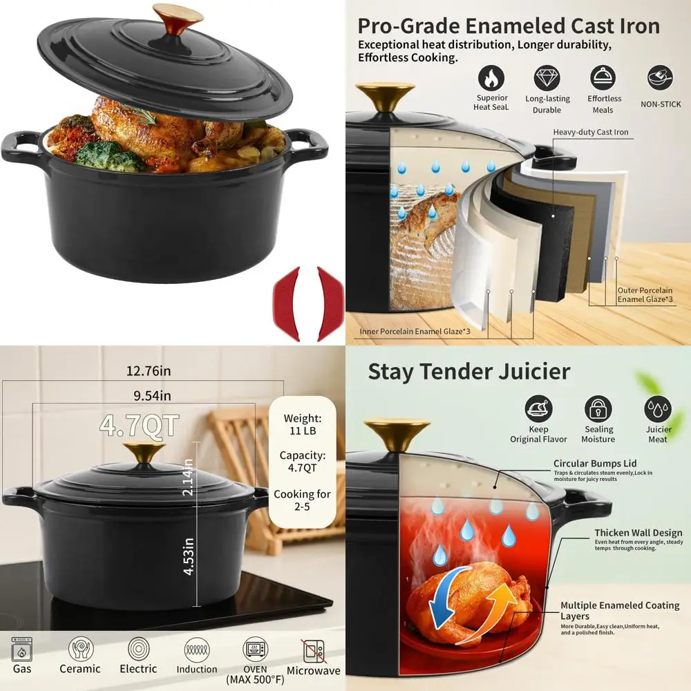 

Enamel Dutch Oven with Lid - Round Cast Iron Casserole for Bread Baking, Braising, Roasting, and Stews - Heavy-Duty, Oven Safe,
