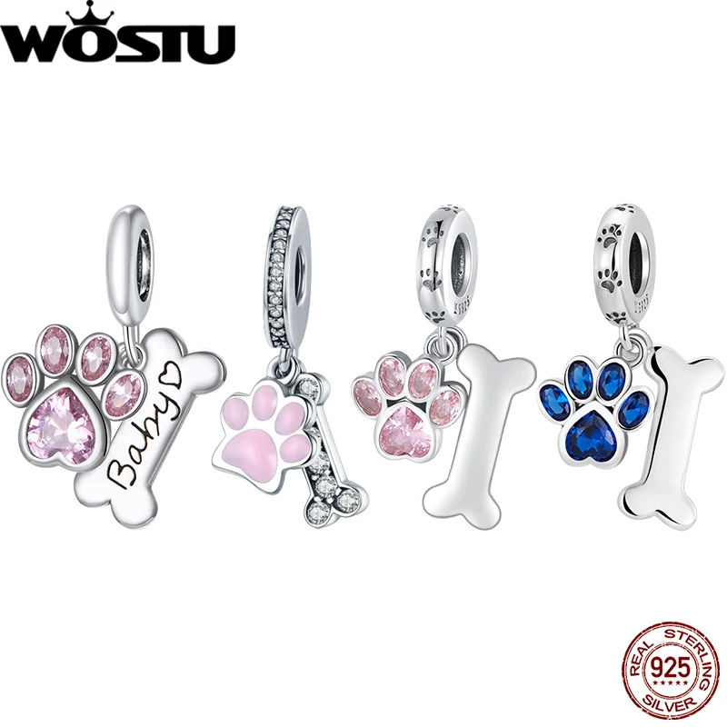 WOSTU 925 Sterling Silver Pink Zircon Dog Paw Pendant Cat Bone Animal Charm Fit Original Bracelet Bangle & Necklace Jewelry Gift