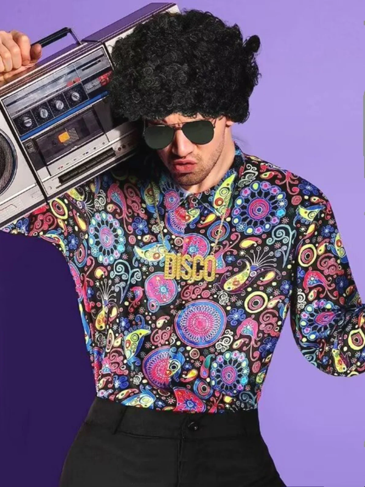 

American Style Hippie Flower Print Shirt Men's Disco Costume 70s Retro Performance Stage Clothing Breathable Long Sleeve