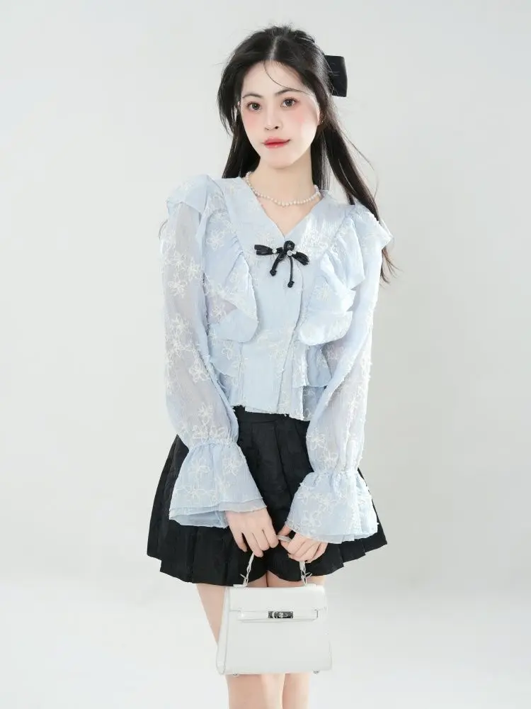 

Summer Women Sweet Fresh Appliques Shirt Ruffles Long Sleeve Tee Pleated Shorts Loose Two Pieces Set 2025 New Female Clothing