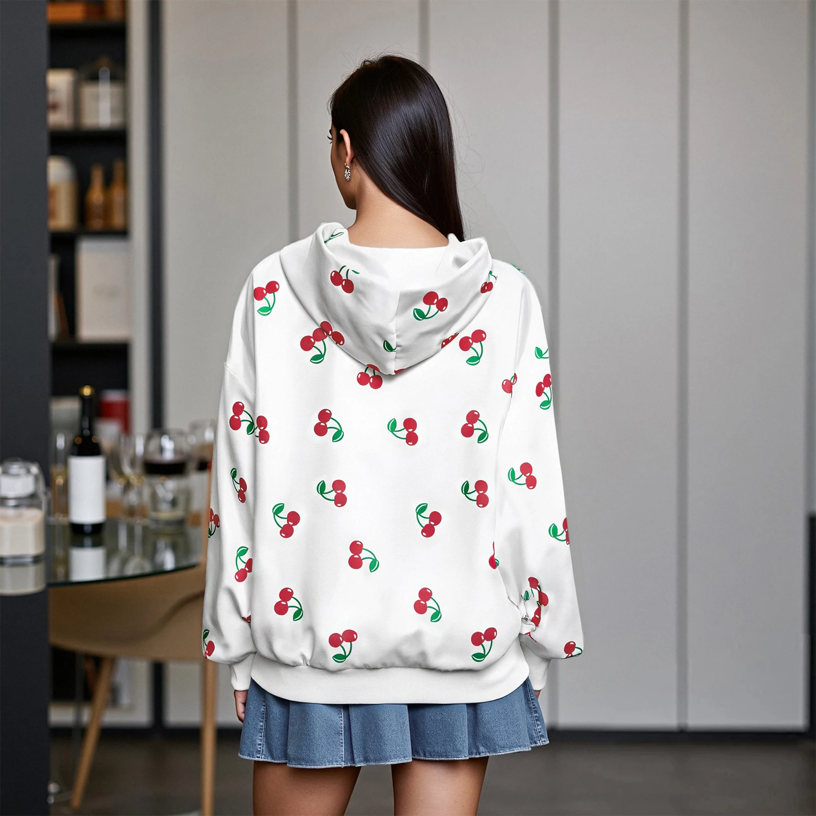 المرأة طويلة الأكمام الكرز طباعة زمم هوديي ربيع الخريف أبلى فضفاض مقنعين البلوز مع 2 جيوب