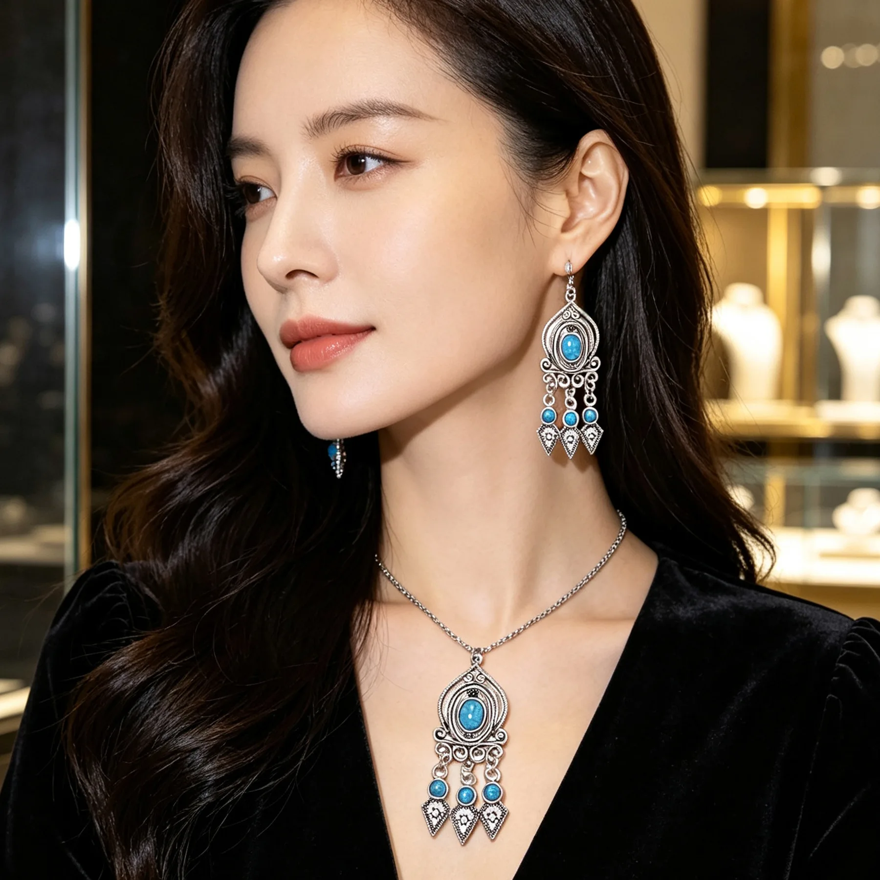Bohemian Ethnic Turquoise Earrings Necklace For Women Retro Silver Plated Geometric Carved Party Tassel Jewelry Set Travel Gift