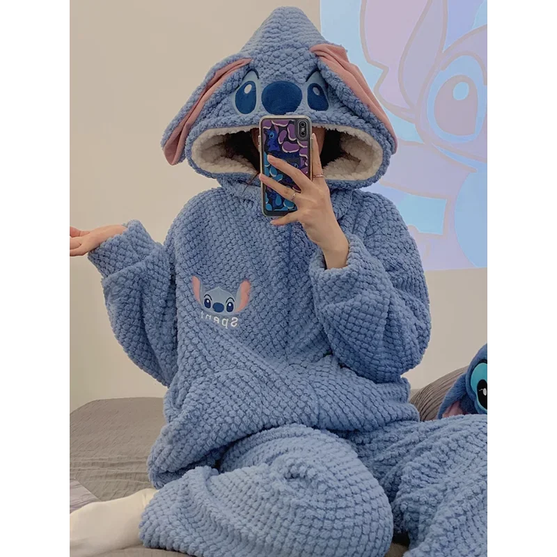 Cartoon Disney pajamas winter cotton plush hooded long-sleeved trousers casual two-piece set Stitch loungewear women\'s pajamas