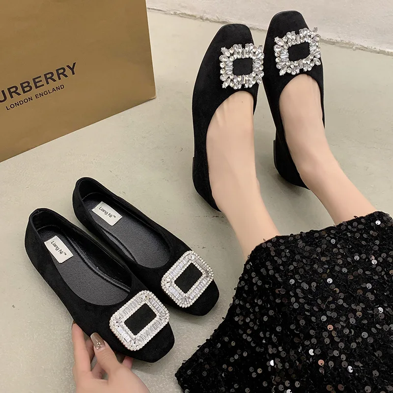 Women Summer Shoes Ladies Female Footwear Square Toe Black Flats Autumn Low Heels Crystal Casual Sneaker 2024 Dress Fall New Rhi