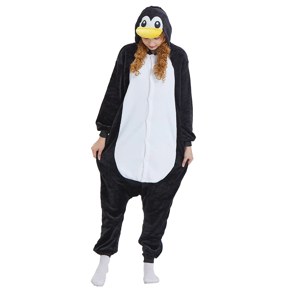 Animal Black Penguin Cosplay Costume flanella con cappuccio un pezzo pigiama natale Anime adulto Kigurumi donna uomo tutina pigiama