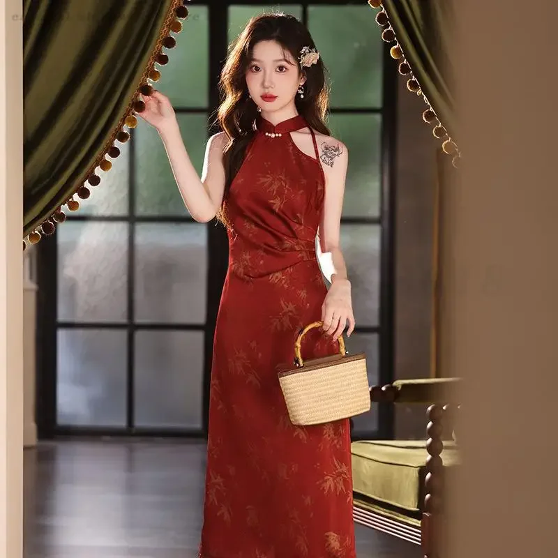 

Sexy Sleeveless Halter Qipao New Chinese Style Improve Lady Dress Elegant Print Bamboo Leaf Cheongsam Formal Party Gown Vestidos