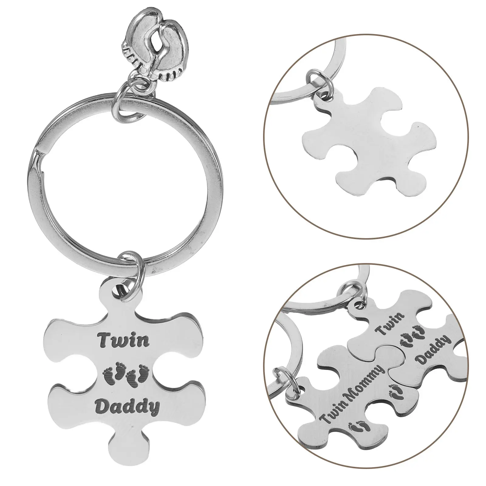 Twin Parents Puzzle Keychain Set Twin Dad Mom Keychain Baby Footprints Keychain Engraved Stainless Steel Keyrings Parenthood