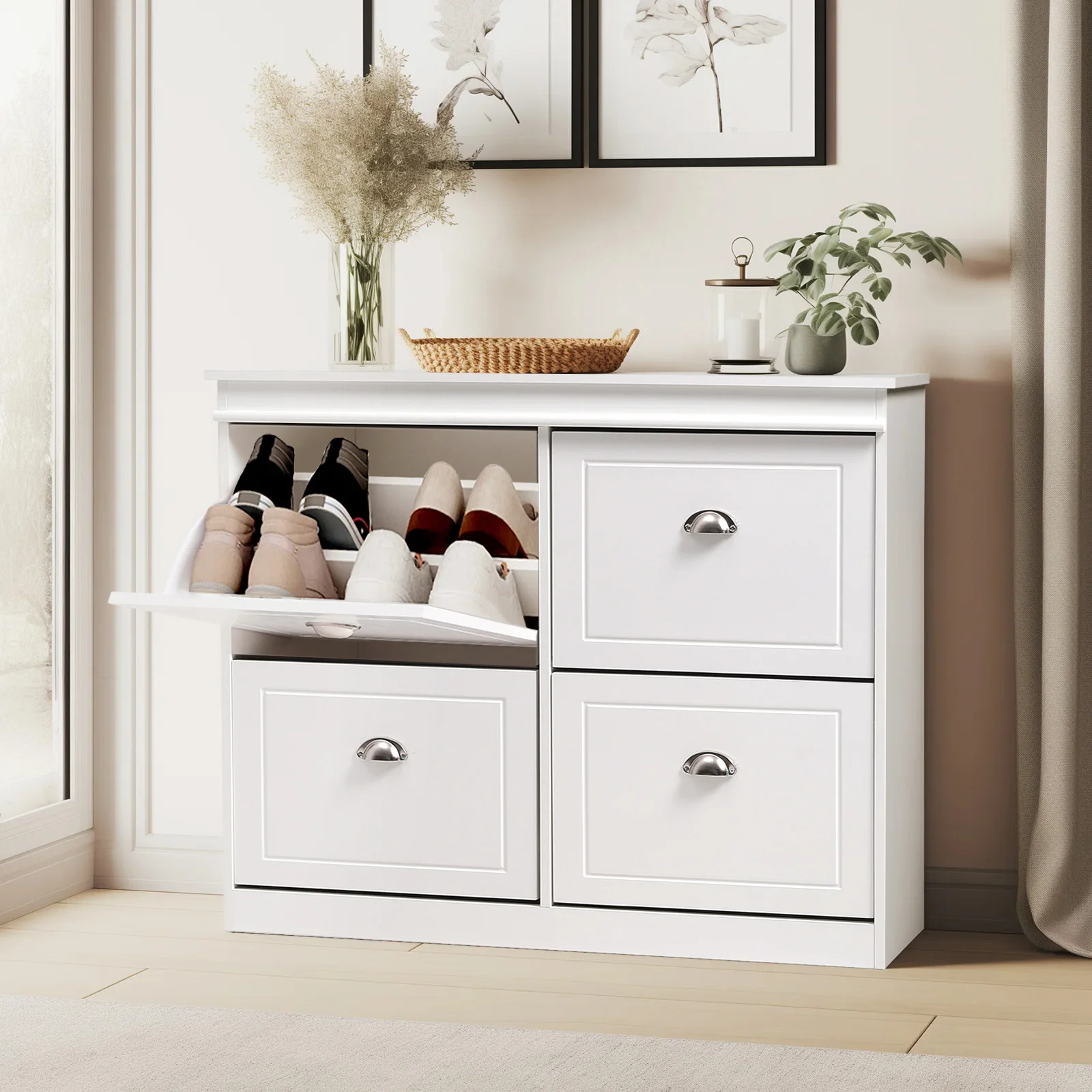 White Free Standing Flip Down Shoe Bench Cabinet with Soft cushions Flip Down Design