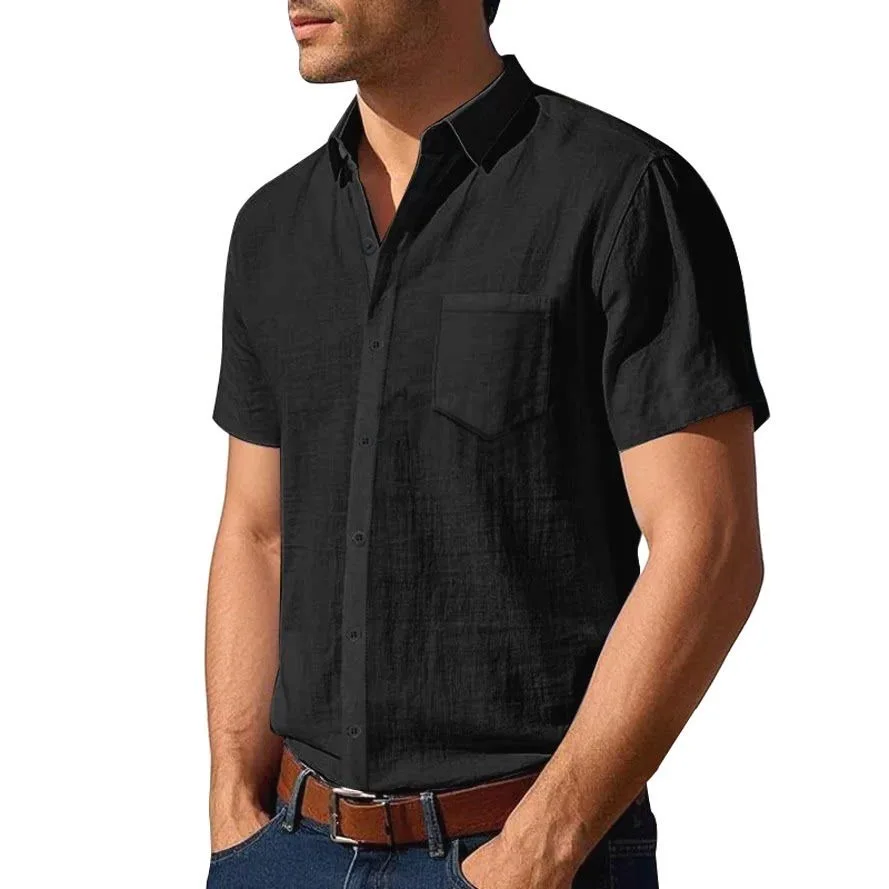 

Pure Cotton Linen Men's Shirt Short Sleeve Wrinkle Effect Single Pocket Casual Lightweight Breathable Comfortable Workwear