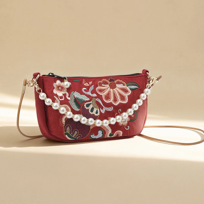 Chinesische Umhängetasche mit Blumenstickerei, Damen-Schultertasche, Handtasche mit Perlenhenkel, Vintage-Geldbörse im ethnischen Hanfu-Stil – Detail 24