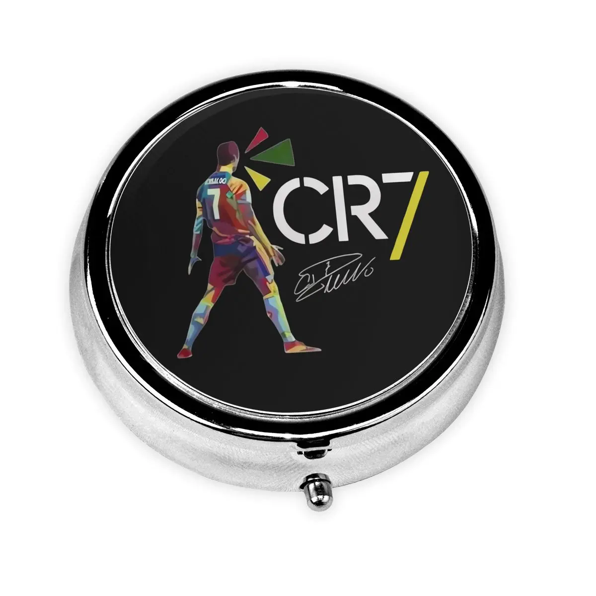 CR7 - Cristiano Ronaldo Pill Box Small Metal Pill Case for Purse & Pocket 3 Compartment Portable Travel Medicine Organizer