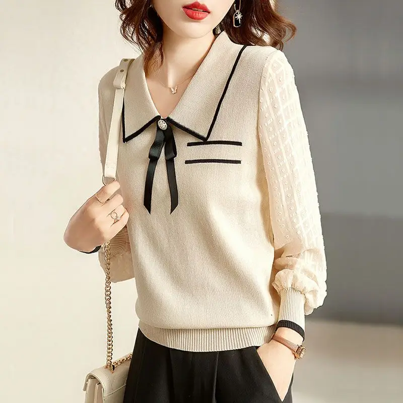 Peter Pan Collar Patchwork Chiffon Knitting Pullovers Autumn Winter New Fashion Bow Long Sleeve Sweater Ladies All-match Jumpers