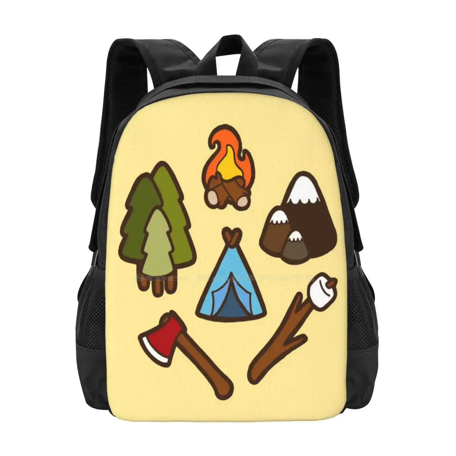 Camping Is Cool Hot Sale Schoolbag Backpack Fashion Bags Camping Giftoriginal Tent Trees Axe Sticks Mountains Marshmallow