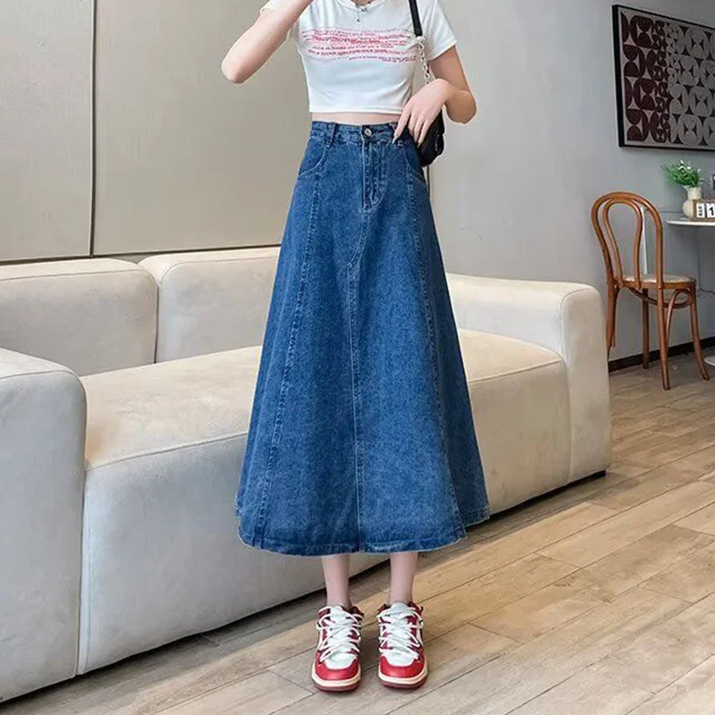 

Summer Women Thin High Waisted Jeans Skirt Lady Slim Fit A-line Jeans Dress Female Korean Casual Mid-Long Denim Skirt