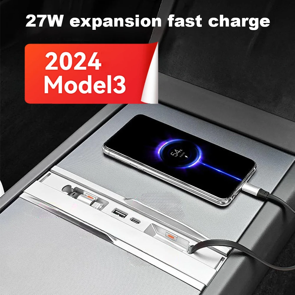 

Док-станция USB-удлинитель для Tesla Model 3 Highland 2024 Type-C PD 27 Вт Быстрое зарядное устройство USB-удлинитель 4-портовые док-станции